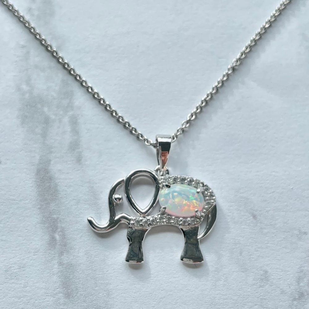 Sterling Silver Lab Opal Elephant Pendant
